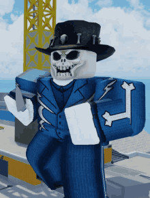 a skeleton wearing a top hat and a blue suit has the letter i on his sleeve