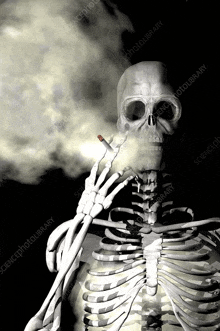 a skeleton is smoking a cigarette and smoke is coming out of his mouth