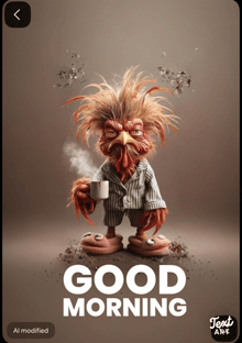 a picture of a rooster holding a cup of coffee with the words good morning