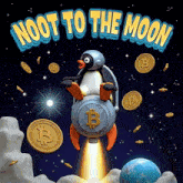 a cartoon of a penguin riding a rocket with the words " noot to the moon " above it