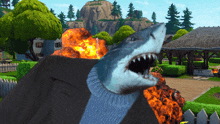 a shark in a suit is standing in front of a huge explosion