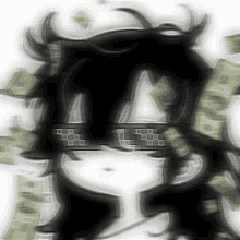 a black and white drawing of a girl wearing sunglasses and holding a bunch of money .