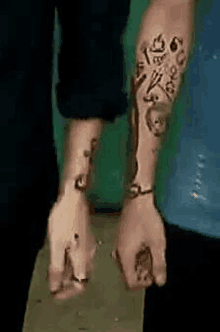 a person with a tattoo on their forearm is holding their hands .