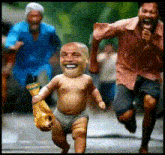 a baby with a face on his head is running with a trophy