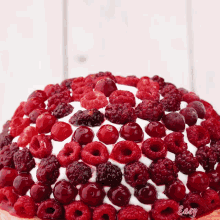 a cake with raspberries cherries and whipped cream on top of it