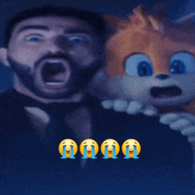 a man with a beard is screaming while holding a stuffed animal with tears coming out of his eyes