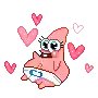 patrick star is wearing a diaper and surrounded by hearts .