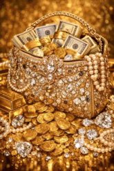 a gold purse filled with a lot of money and diamonds
