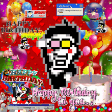 a pixel art of a man with a birthday cake and balloons says happy birthday to you