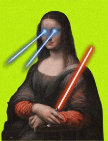 a painting of a woman holding two lightsabers with lasers coming out of her eyes