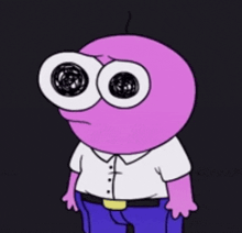 a cartoon character with big eyes and a white shirt is standing in the dark .