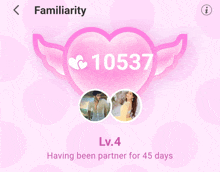 a pink heart with wings says familiarity 10537 lv.4 having been partner for 45 days