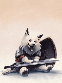 a drawing of a dog holding a sword and shield with the year 2015 on it