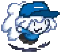a pixel art drawing of a person wearing a blue hat and a blue shirt