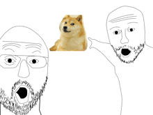 a drawing of a man with glasses and a doge behind him