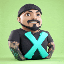 a man with a beard is holding a letter x in his hands