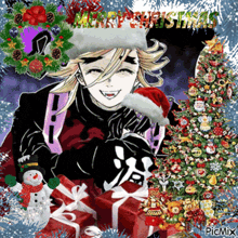 a picture of a man wearing a santa hat holding a snowman and presents