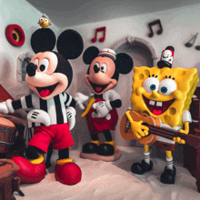 mickey mouse and spongebob are playing instruments in a room