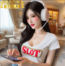 a woman wearing headphones and a slot shirt