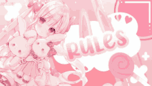 a pink background with a girl holding a stuffed bunny and the words " rules "