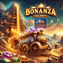 a poster for bonanza megaways shows a train pulling a wagon full of gold