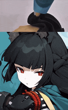 a close up of a cartoon character with red eyes