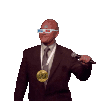 a man wearing 3d glasses holds a microphone and a medal around his neck