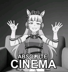 a black and white drawing of a girl on a couch with the words absolute cinema below her