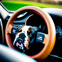 a dog is sitting in the driver 's seat of a car with a steering wheel that says ' toyota ' on it