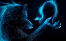 a black wolf with blue eyes is holding a blue flame in its hands .