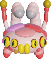 a pink and purple cartoon character with yellow eyes and yellow balls