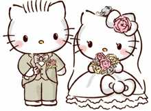 a drawing of a bride and groom with hello kitty