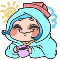 a cartoon drawing of a girl in a hooded jacket holding a cup of coffee