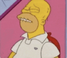 homer simpson from the simpsons is wearing a white polo shirt and a red backpack .