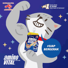 an advertisement for amino vital shows a cat flexing his muscles