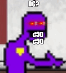 a pixel art of a purple monster with red eyes and the words dc on it