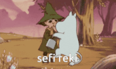 a cartoon of a man hugging a white animal with the words sefirteki written below it