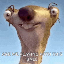 a cartoon of a squirrel with the words " are we playing with this ball "