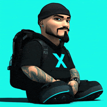 a cartoon character wearing a black hoodie with a blue x on it