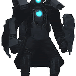 a black robot with a blue light on his head is holding a gun .