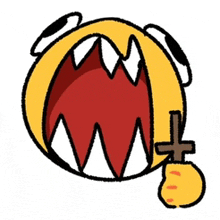 a cartoon smiley face with sharp teeth and a cross in its hand .