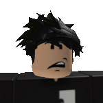 a roblox character with black hair is wearing a black shirt and making a sad face .