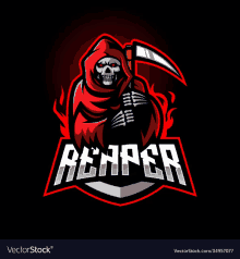 a grim reaper mascot with a scythe and the word reaper on a black background .