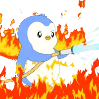 a cartoon penguin is surrounded by flames with water coming out of its mouth