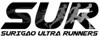 a black and white logo for surigao ultra runners with runners in the letters .