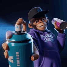 a chimpanzee wearing a purple hoodie is spraying a can of etherium