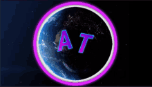 a pink circle around the earth with the letter a and t inside of it