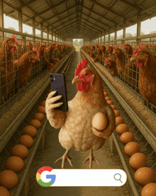 a chicken is holding an egg and taking a picture of itself