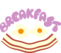 a cartoon drawing of eggs and bacon with the words breakfast written above it