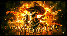 a skeleton in a cowboy hat is singing into a microphone with the words " amplified outlaws " below him